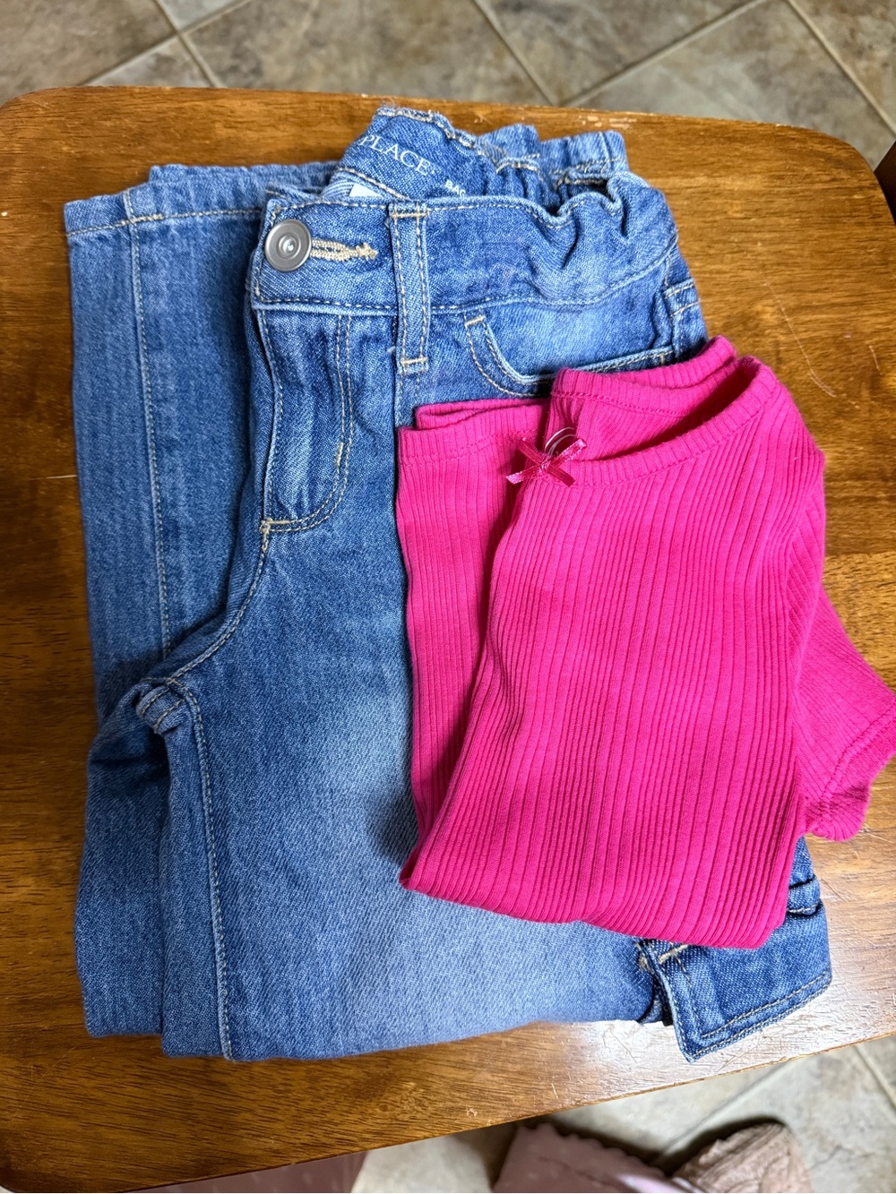 Girls Pink Ribbed Top & Blue Denim Jeans & blue & white set
